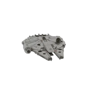 3D model of the Millennium Falcon spacecraft, viewed from a slightly elevated front-left angle against a white background.