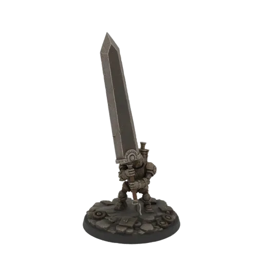 3D model of a Steampunk warrior in detailed mechanical armor, holding a giant sword, standing on a rubble-strewn base.