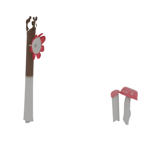3D render of a whimsical garden scene with a red and white flower on a pole and two red-capped mushrooms against a black back