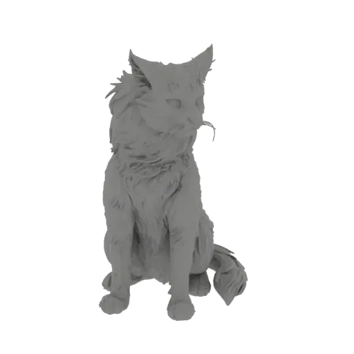 A detailed 3D model of a fluffy cat sitting, with soft fur texture and alert ears, presented on a black background.