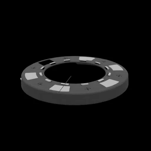 A 3D render of a futuristic dark gray ring with light gray segmented panels and a thin central rod, set against a black backg