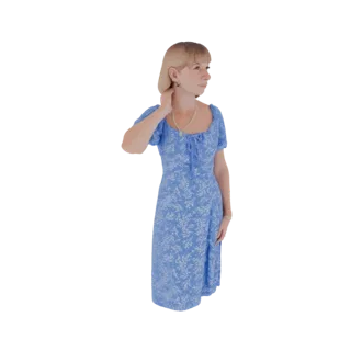 3D model of a woman with blonde hair wearing a blue floral dress and a pearl necklace, posed gracefully.