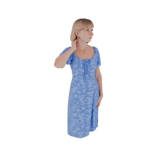 3D model of a woman with blonde hair wearing a blue floral dress and a pearl necklace, posed gracefully.