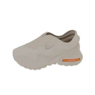 A 3D render of a light beige Nike Air Max sneaker with an orange air bubble in the sole, viewed from the side.