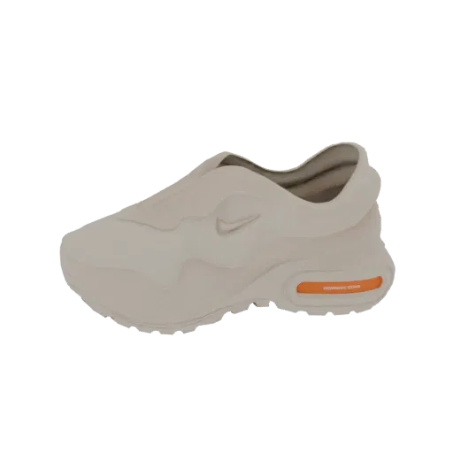 A 3D render of a light beige Nike Air Max sneaker with an orange air bubble in the sole, viewed from the side.