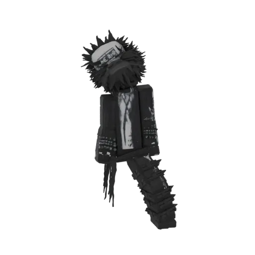 A 3D render of a gothic anime character with spiky black hair, wearing a studded jacket and strapped pants, posed against a b