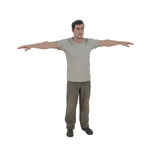 3D model of a 1980s Soviet man in a T-pose, wearing a faded t-shirt and sweatpants.