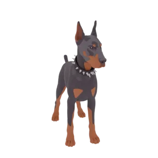 A stylized 3D model of a Doberman Pinscher dog with a spiked collar, standing alert on a white background.