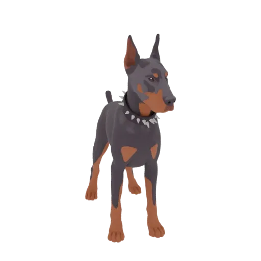 A stylized 3D model of a Doberman Pinscher dog with a spiked collar, standing alert on a white background.