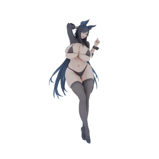 3D model render of an anime fox girl with blue hair, wearing a black bikini and grey thigh-high stockings, in a dynamic pose.