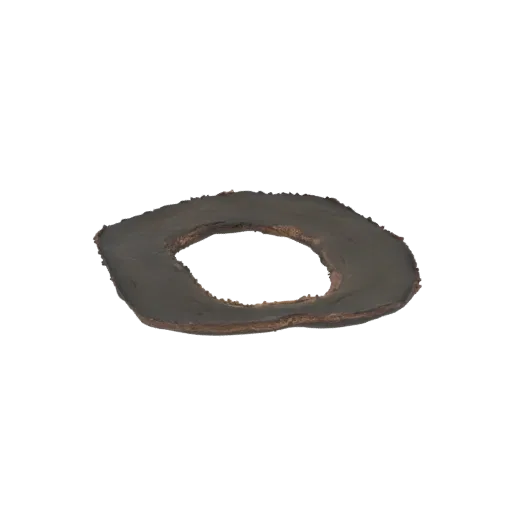 3D model render of a rough-edged organic ring with a textured, earthy surface and irregular shape.