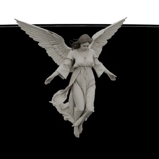 3D model of a serene angel with large wings and flowing robes, depicted in a graceful descent against a black background.