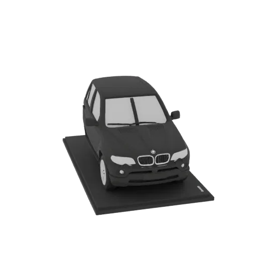 A 3D model of a black BMW X5 E53 SUV presented on a dark display base against a black background.