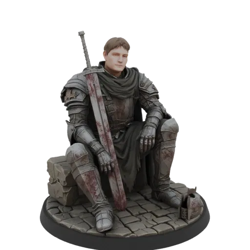 3D model of a knight in detailed armor sitting on a stone block with a large sword across his lap.