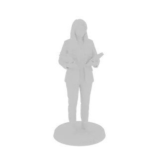 Rendu 3D d'une femme en costume d'affaires tenant des livres, debout sur une base circulaire.