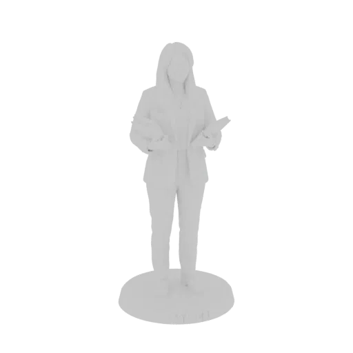 Render de modelo 3D de mujer en traje de negocios sosteniendo libros, de pie sobre una base circular.