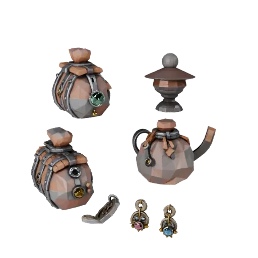 Modelo 3D low poly Bolsa de Monedas Malditas, vista de tres cuartos en viewport de juego, mostrando madera envejecida, siluet