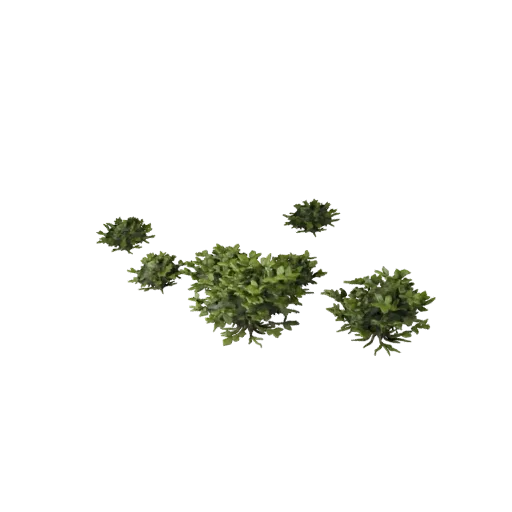 Low Bush Scatter Pack Unreal Engine 3D model, top-down viewport view, showing leaf clusters, terrain detail.