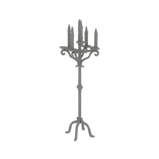 A detailed 3D model of a tall, grey, Gothic-style candelabra with multiple candle holders, set against a black background.