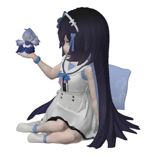 3D model of an anime girl with long dark hair, wearing a white and blue dress, sitting and holding a small doll.