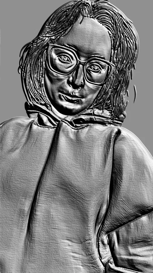 3D model of a woman with glasses bas-relief, stylized as an engraving, with detailed facial features and hair.