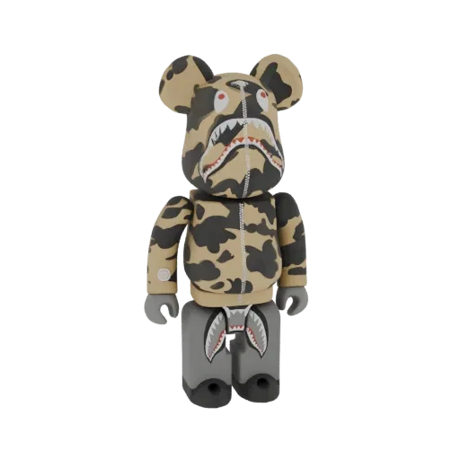 3D model of a BAPE Shark Camo Bearbrick toy, featuring a yellow and black camouflage pattern and a shark mouth graphic.