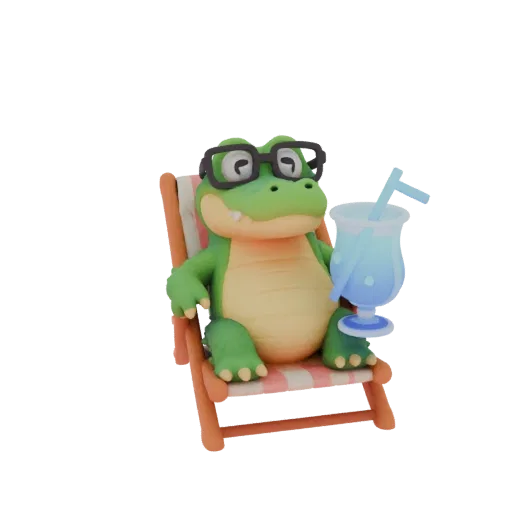 Modelo 3D cocodrilo antropomórfico en tumbona con cóctel y gafas