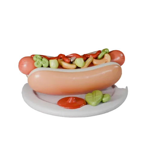 Hot Dog Product Viz 3D model, three-quarter studio product render, showing sauces, plated composition.