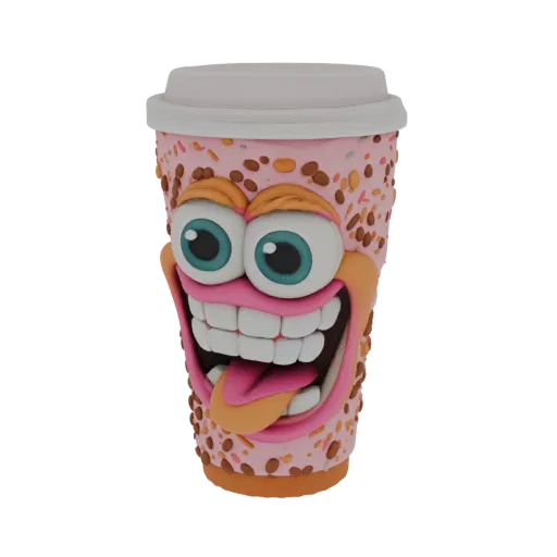 3D model of a pink coffee cup with a goofy cartoon face, wide eyes, a big smile, and strawberry sprinkles, against a black ba