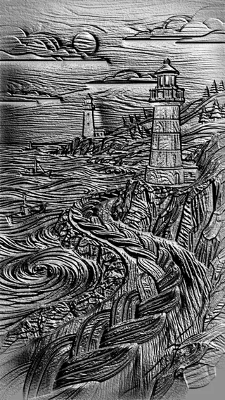 Modèle 3D de basse-relievo avec phare sur une falaise, représentant un phare, une mer déchaînée, des rochers et la lune dans