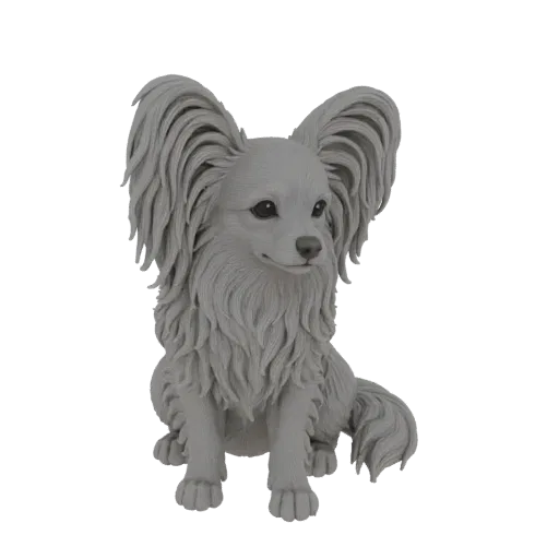3D model of a Papillon dog sitting, with large ears and a fluffy tail, rendered in a grey, stone-like texture.