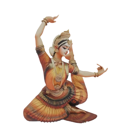 Modello 3D di una danzatrice Bharatanatyam in una posa dinamica e aggraziata, con abito tradizionale e gioielli.