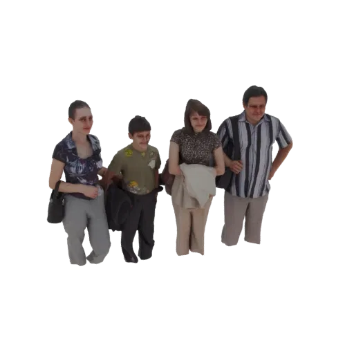 Modello 3D di una famiglia di quattro persone, due adulti e due bambini, in piedi insieme con borse.