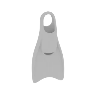 Un modello 3D di una singola pinna da nuoto grigio chiaro con un design aerodinamico e un anello per il tallone, presentato s