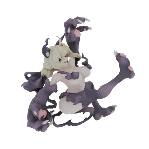 3D model of a dark, demonic creature with pale skin, sharp claws, and flowing purple tentacles, posed dynamically.