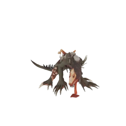 3D model of a grotesque creature with pale, fleshy skin, sharp bone protrusions, and a skeletal face, rendered against a whit