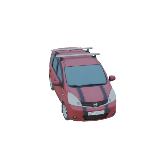 3D model of a red Nissan Note MPV with a silver roof rack, viewed from a three-quarter front angle.