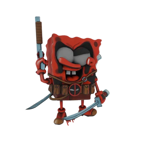 3D model of SpongeBob SquarePants dressed as Deadpool, holding two katanas, with a red and black costume and blood splatters.