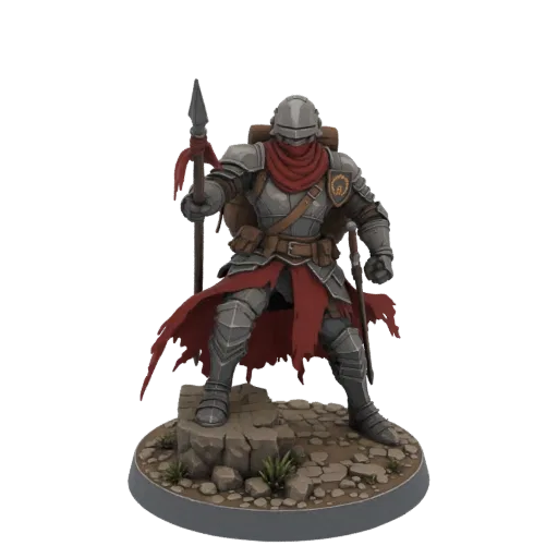 3D model of a Gothic Knight in full plate armor, holding a spear and wearing a red scarf, standing on a rocky base.
