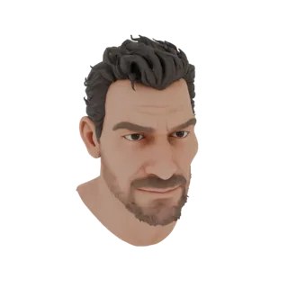 Modello 3D di testa maschile con barba, sguardo furbo e mento deciso, realizzato in stile realistico.