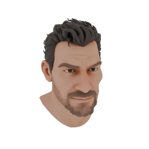 3D-Modell eines männlichen Kopfes mit Bart, verschmitztem Blick und starkem Kinn, im realistischen Stil ausgeführt.