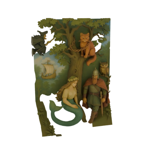 Fantasy Forest Scene with Mermaid and Warrior