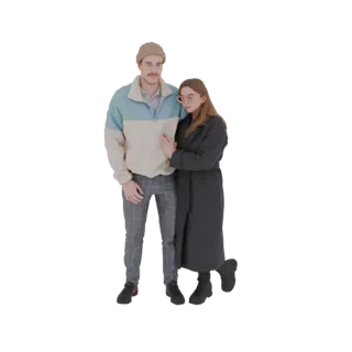 3D-Modell eines Mannes und einer Frau, die sich umarmen, beide in legerer Winterkleidung, vor weißem Hintergrund.