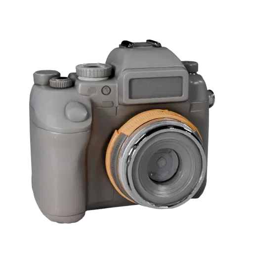 Cinema Instant Camera Stylized 3D model, stylized isometric render, showing textured grips, lens barrels.