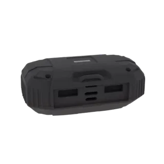 3D model of a rugged black portable power bank with textured casing and dual USB ports.