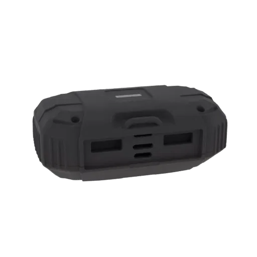 3D model of a rugged black portable power bank with textured casing and dual USB ports.