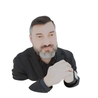 3D model of a man in a black suit, with a beard and a watch, hands clasped