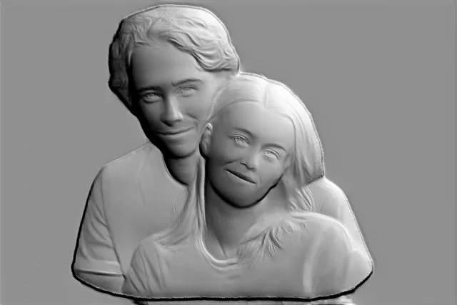 3D model of a bas-relief showing a man and woman in a tender embrace, with detailed faces and hair.