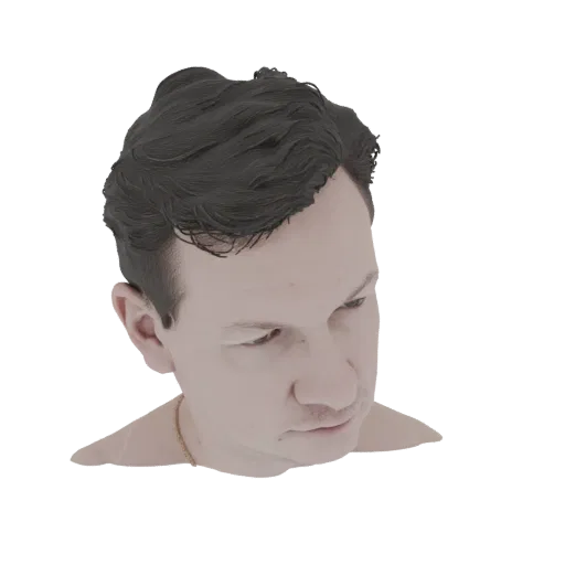 3D model render of a man's head with dark, styled hair, looking slightly down and to the side.