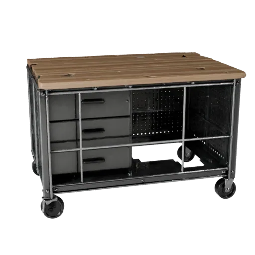 Maker Parts Rack Product Viz 3D model, three-quarter studio product render, showing steel frames, stable fixtures.